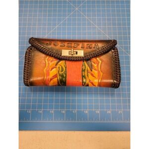 Josefina Vintage Hand Tooled Leather Wallet Clutch Purse Folk Art Design Mexico